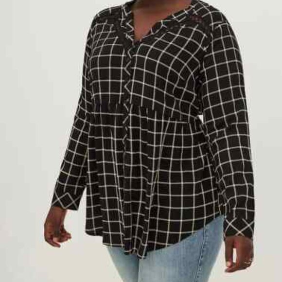 Torrid Textured Rayon Plus Size Black and Beige Plaid Relaxed Long Sleev… - Picture 1 of 12